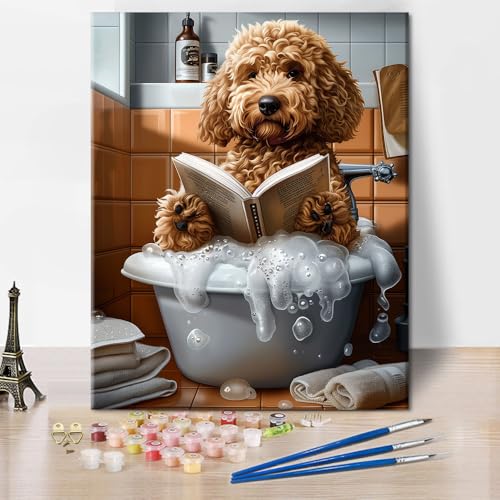 TISHIRON Malen Nach Zahlen Erwachsene Badezimmertiere Golden Doodle Hund Malen-Nach-Zahlen Hund in der Badewanne DIY Handgemalt Ölgemälde Kit Mit 3 Pinseln Und Leinwand Kit, 40x50cm