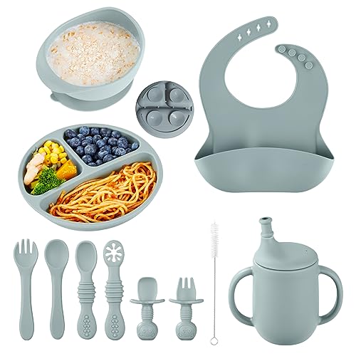 Image of Silicone Baby Feeding Set, FOTEEMO Led Weaning 11-Piece Feeding Eating Supplies Self Feeding Baby Utensils Eating Suction Bowl For 6+ Months Toddler (Blue)