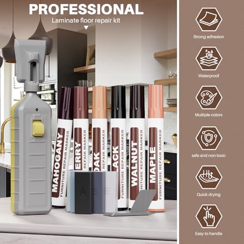 Image of 6 Colors Laminate Floor Wax with Wood Furniture Touch Up Marker，Vinyl Laminate Hardwood Floor Repair Kit, Professional Restore Any Scratches, Stains, Cracks, Hole for Floor, Door, Cabinet