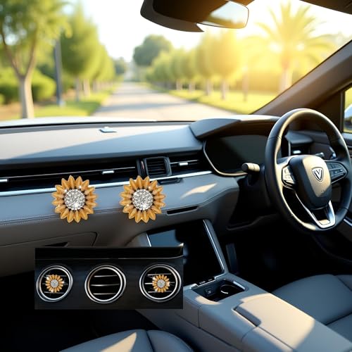 Image of Sunflower Air Vent Clips Car Accessories Bling Sunflower Air Freshener Outlet Clips for Women Car Interior Decorations Cute Flowers Cars Clips Air Fresheners Interior Accessories (2, Yellow)