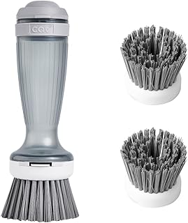 CQT Dish Brush, Dish Scrub Brush with Soap Dispenser for Dishes Kitchen Sink Pot Pan Scrubbing, 1 Brush 2 Refills