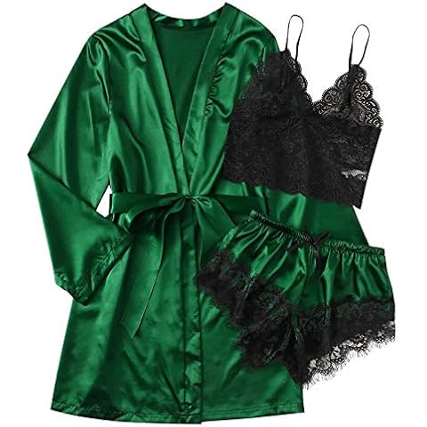 LAKOYA Women's Satin Pajamas Set 3pcs Ladies Sexy Floral Lace Silk Loungewear Pjs Set Lingerie Sleepwear with Robe Underwear Green Cover