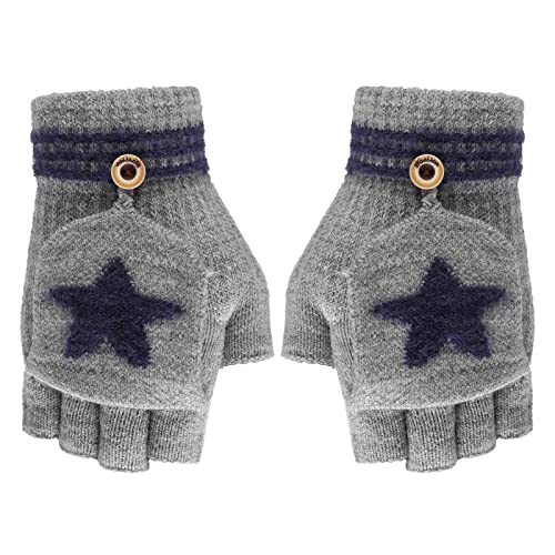 Manoplas con botón y solapa, sin dedos, para invierno, cálidas, de 3 a 9 años, para niños y niñas, Gris de estrella., Talla única Cover