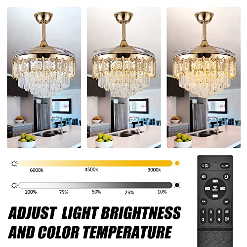 42 Inch Chandelier Ceiling Fan Modern Crystal Ceiling Fan With Lights Remote Control 6 Speed 3 Color Dimmable Silent Luxury Fandelier With Retractable Blades For Living Room Bedroom Decoration Gold #TOP1