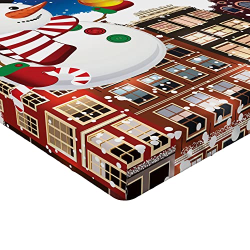 Ambesonne Christmas 2 Pack Fitted Sheet, Snowy City Street, Bed Cover All-Round Elastic Deep Pockets 2 Pieces, Package Contains 2 Queen Size Fitted Sheets, Blue Brown