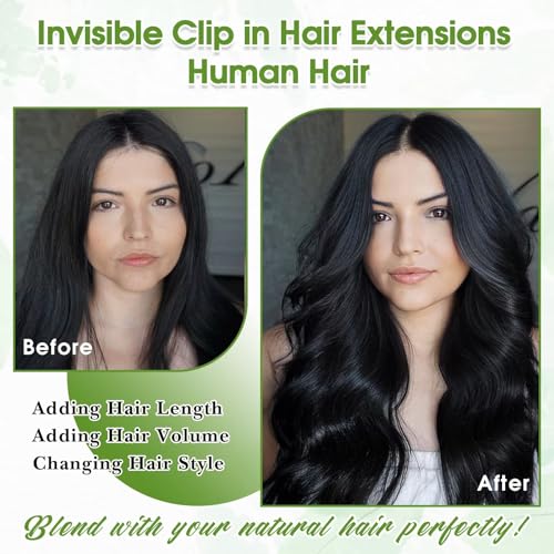Image of Human Hair Clip in Extensions Real Human Hair Clip-in Jet Black Hair Extensions 16inch /65g Clip ins 100% Brazilian Remy Human Hair for Women Straight Soft Hair 8pcs Double Weft