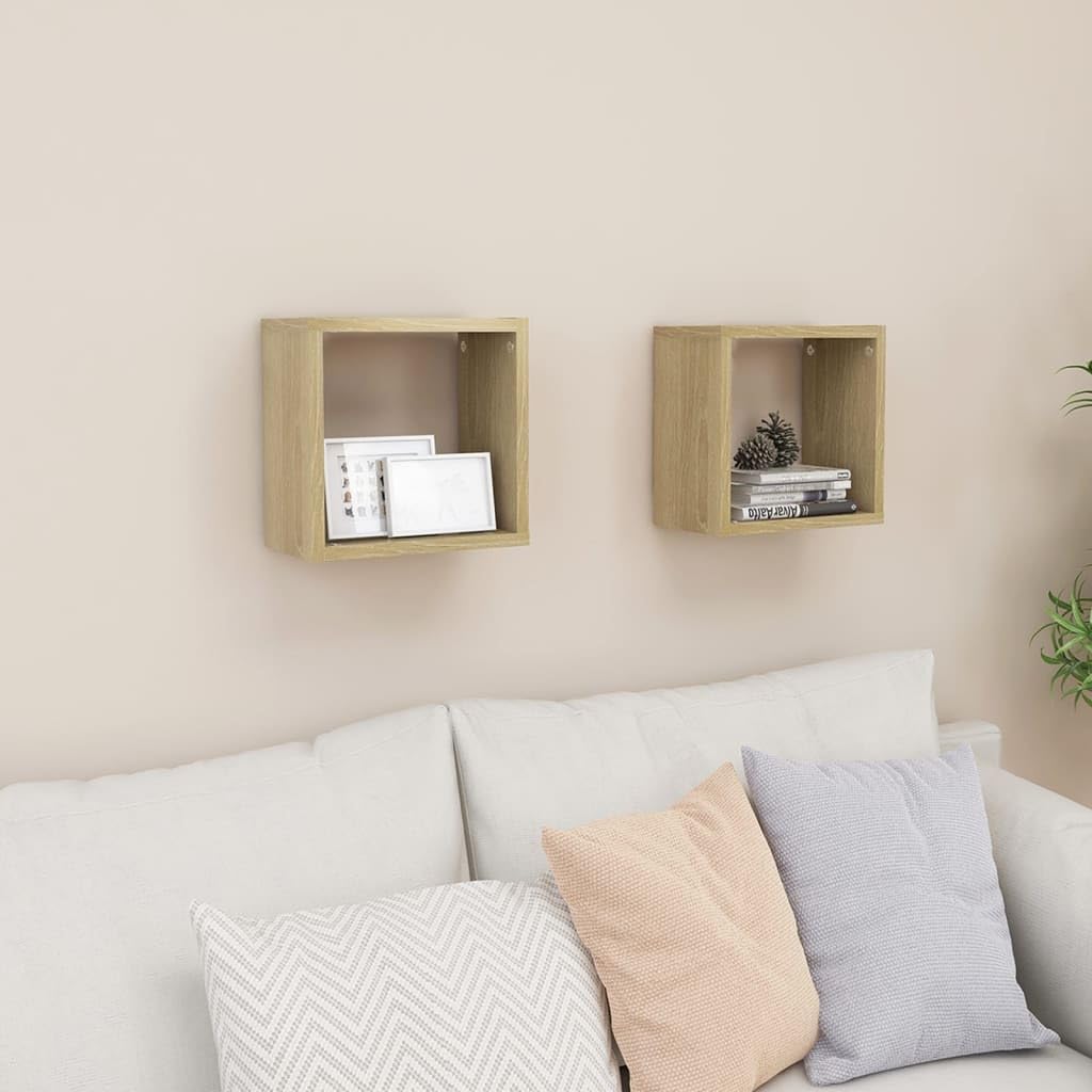 Scaffalature, mensole da parete e sporgenze, mensole cubiche da parete, 2 pezzi, rovere Sonoma, 26 x 15 x 26 cm