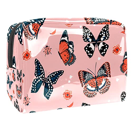 Sac de maquillage pour le voyage grand volume à motif papillon rose imperméable