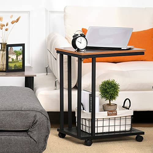 HOMCOM Mesa Lateral en Forma de C Mesa Auxiliar con Ruedas para Sofá Salón Dormitorio Estilo Industrial Retro Mesa Café Ordenador Metal y Madera 51x36x65 cm Natural y Negro - imagen 2