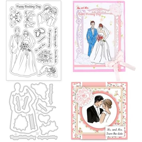 INFUNLY Happy Wedding Day Clear Stamp and Die Cuts Set Bride and Groom Reusable Silicone Stamps Bouquet Transparent Seal Wedding Blessing Text Rubber Stamps for Card Making Invitation Photo Album Cover
