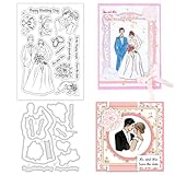 INFUNLY Happy Wedding Day Clear Stamp and Die Cuts Set Bride and Groom Reusable Silicone Stamps Bouquet Transparent Seal Wedding Blessing Text Rubber Stamps for Card Making Invitation Photo Album