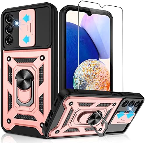Jshru for Samsung A14 Phone Case with Slide Camera Cover [Upgraded],Military Grade Shockproof Samsung A14 Case with Ring Kickstand, Anti-Scratch Armour Phone Cover for Samsung Galaxy A14,Black