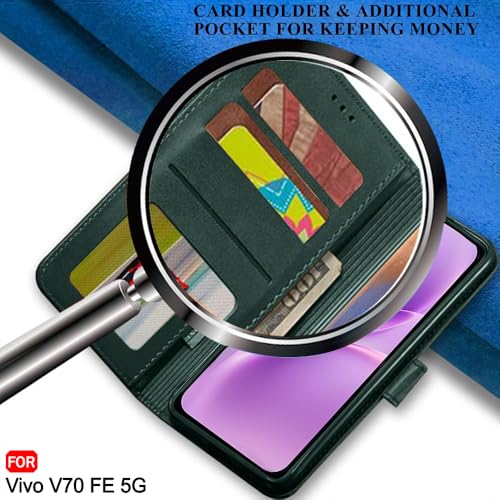 Image of TheGiftKart Genuine Leather Finish Flip Back Cover Case for Vivo V70 FE 5G | Inbuilt Pockets & Stand | Wallet Style | Designer Button Magnet Flip Back Cover Case (Faux Leather, Green)