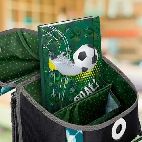 Baagl Heftbox für Schulranzen A4 - Sammelmappe für Kinder mit Gummiband und Innenklappen - Heftmappe, Sammelbox mit Gummizug für Jungen (Fussball Goal)