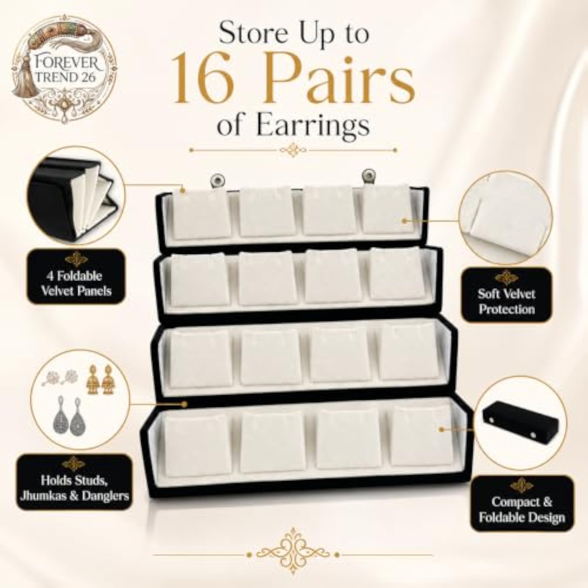 4-Tier Velvet Earring Organizer, 16 Pair, Black