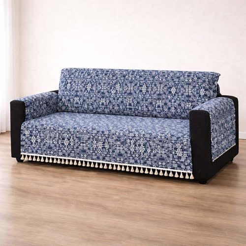 Image of House of Quirk IKATRA Series Quilted Printed Sofa Cover for Indian Sofa Set with Side Pocket - Premium Washable, Anti-Slip, Durable & Ultra Soft Fabric Protector (Blue Bohemian, Two Seater)