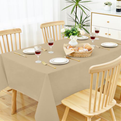Image of Smiry Rectangle Table Cloth 60 inchx84 inch, Waterproof Wipeable Vinyl Tablecloth | Oil Spill Proof Plastic Table Cover, Flannel Backed Table Cloths for Dining, Picnic, Camping, Outdoor, Khaki