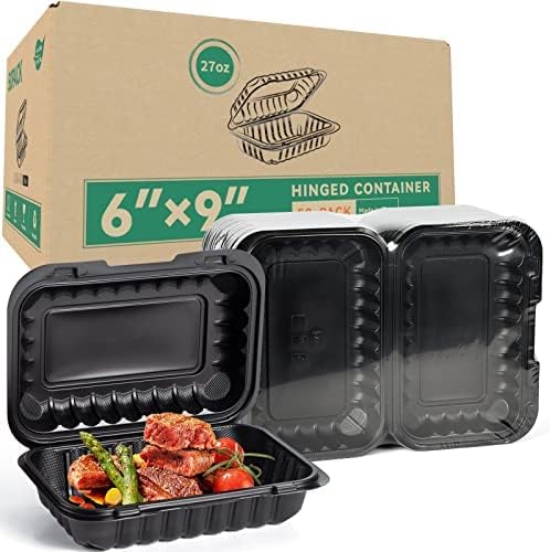 LEOBOX To Go Containers, BPA-Free Plastic Take Out Boxes with Lids 50-Pack 27oz Black MFPP Reusable Meal Prep Container for Food Storage, Hinged Clamshell Design for To-Go Lunch Salad Breakfast