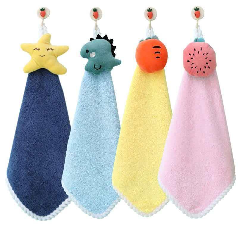4 Pcs Cute Handing Hand Towels, 45cm Decorative Hanging Kitchen Bathroom Towels with Star Dinosaur Carrot Watermelon Design, Navy Blue Pink Yellow (Cute Kitchen Hand Towel Set)