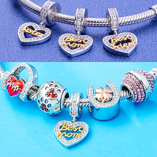 Best Mom Heart Charms For Women - 925 Sterling Silver Dangling Pendants Beads - Fit Pandora Mother’s Day Bracelets, Necklaces, European Snake Chains - Gifts For Thanksgiving . #TOP2