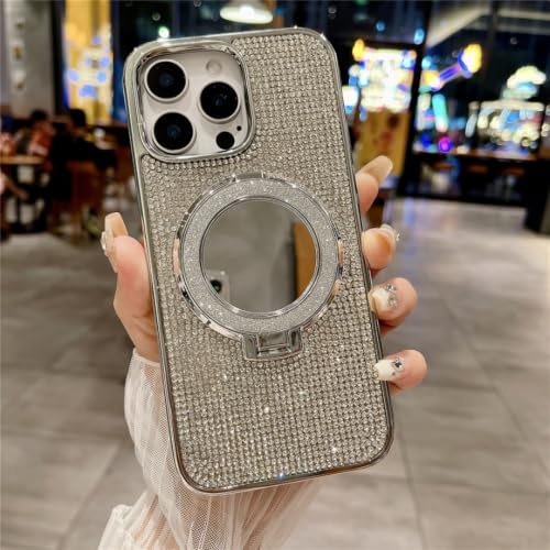 Coque iPhone 14 argentée avec support magnétique strass et paillettes antichoc