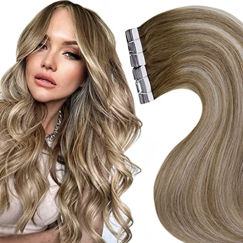 LaaVoo Tape on Extensions Echthaar Hellbraun Balayage Platinblond Glue in Skin Wefts Extensions Glatt Ombre Extensions Echthaar Tape Glatt 40GR/20PCS #8/60/8 22 Zoll/55cm Cover