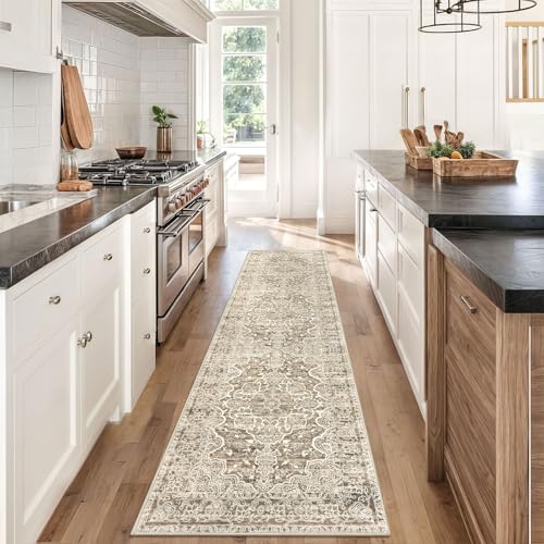 KUTA Hallways Runner Rug 2x8 Beige Brown, Vintage Floral Kitchen Rugs Non-Slip Washable Ultra Soft Printed Retro Distressed Flower Carpet Entryway Runners for Bedroom Nursery Hallways