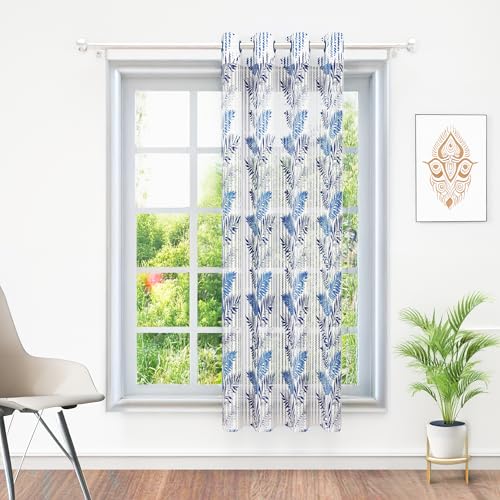 Image of Window Curtains 5 Feet Set of 10 | Leaf Design Transparent Sheer Curtain | Blue & White Polyester Window Curtain | Curtains for Living Room | 118 x 152 cm | Perfect for Home Decor