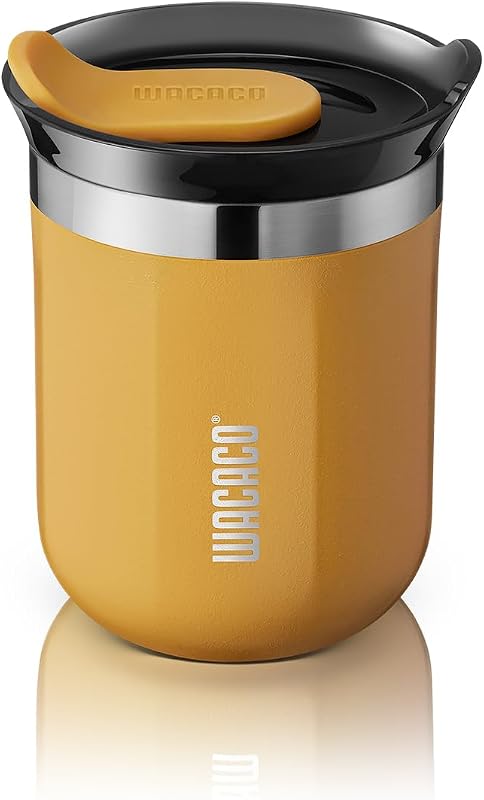 WACACO Taza de café de viaje Octaroma Classico, vaso de viaje de acero inoxidable de doble pared con tapa para beber, 6 fl oz (180 ml), amarillo ámbar
