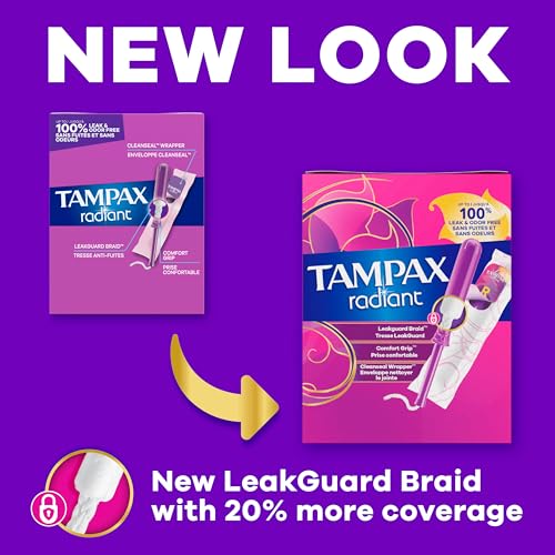 Image of Tampax Radiant Tampons, #1 Tampon Brand, with LeakGuard Braid, Regular Absorbency, Up to 100% Leak and Odor Free Protection, Unscented, 28 Count