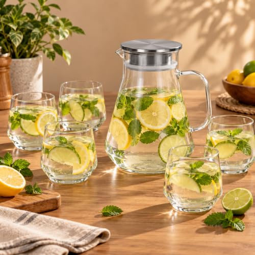 Image of bellemax 1.8 Litre Water Jug with Wooden Lid & 6 Black Juice Glasses Set | Premium Glass Water Jug Set for Home Kitchen | Juice, Water, Cold Drink Serving Set | Stylish Pitcher Set of 7 (BM-15)