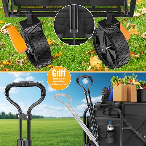 KESSER® Bollerwagen faltbar Handwagen Transportkarre max. 150kg Tragkraft & 360° PVC-Reifen Gerätewagen inkl. 2 Netztaschen, Seitentasche & Abdeckung Transportwagen Gartenanhänger ohne Dach, Schwarz