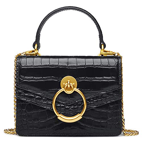 FEIMINA Croc Embossed Top Handle Handbag for Women Leather Mini Crossbody Purse with Gold Chain Strap Ring Closure Evening Bag for Ladies Girls (7.3 L x 5.5 H Black)
