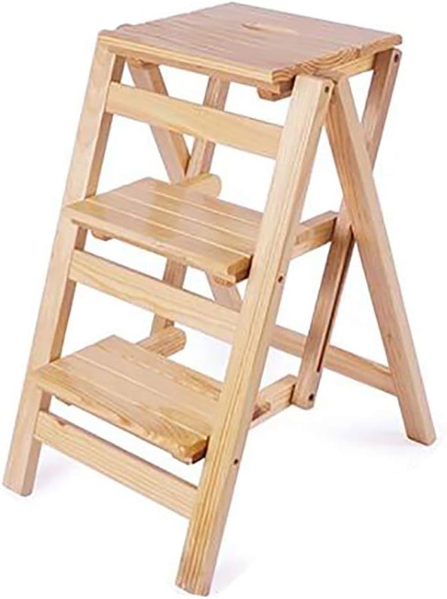 Step Stool Folding 3 Tier Wood Ladder Portable Step Ladder Chair Bench Seat Flower Stand Utility Home Kitchen,Wood Color