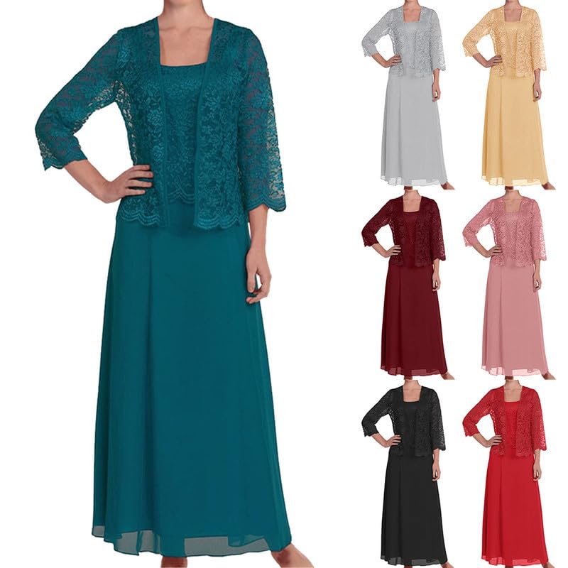 Zweiteiler Damen Elegant Festlich Lang Abendgarderobe Kleid Hochzeit Tüll Spitze Bolero und Abendkleid 2 Teiler Set Abendmode Outfit Kleider Anzug