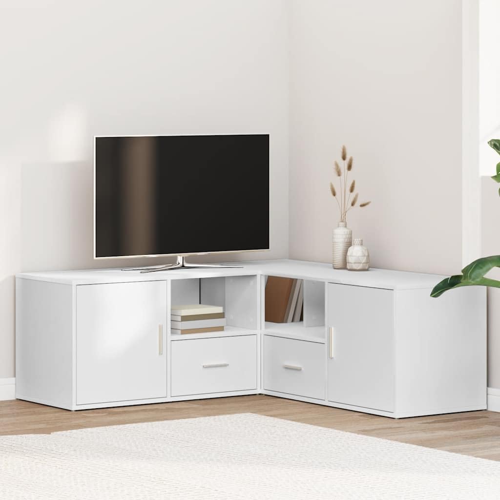 White Engineered Wood Corner Cabinet 78.7 Inches Long 17.7 Inches High with Ample Storage and Adjustable Features for Living Room Display