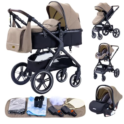 GLOKID Carrito bebé 3 Piezas, Carro, Carrito bebé 3 en 1, Silla Paseo, Sistema de viaje, Plegable, neumáticos de caucho, Con accesorios, Góndola, Adaptateurs 25 kg (Caqui)
