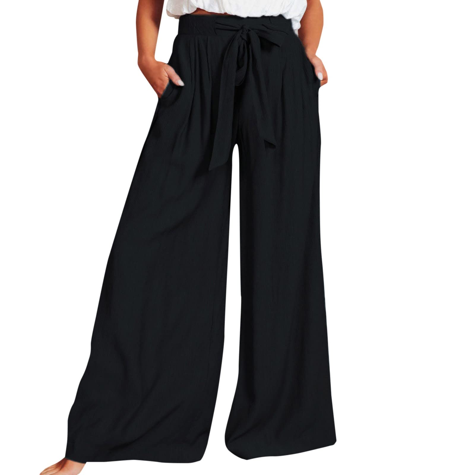 YOLAI Womens Casual Solid Color Pants Baggy Elastic Waist Wide Leg Pant with Pocket Business Work Trousers