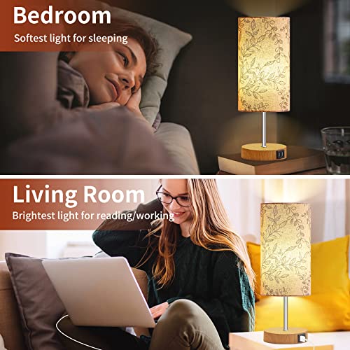 Bedside Touch Lamp, Wood Small Table Lamp For Bedroom With 2 Usb Charging Ports & Flower Fabric Shade, 3-Way Dimmable Nightstand Lamps For Living Room Office Reading Desk Home Dorm(Led Bulb Included) #TOP5
