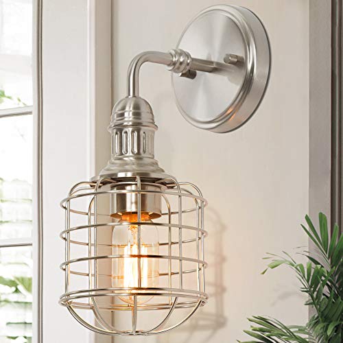Black Friday - 60% OFF KSANA Wall Sconce, 1-Light Sconces Wall Lighting, Bathroom Light Fixtures Brushed Nickel with Cage Shade for Bathroom, Hallway, 7.5’’ W x 13’’ H