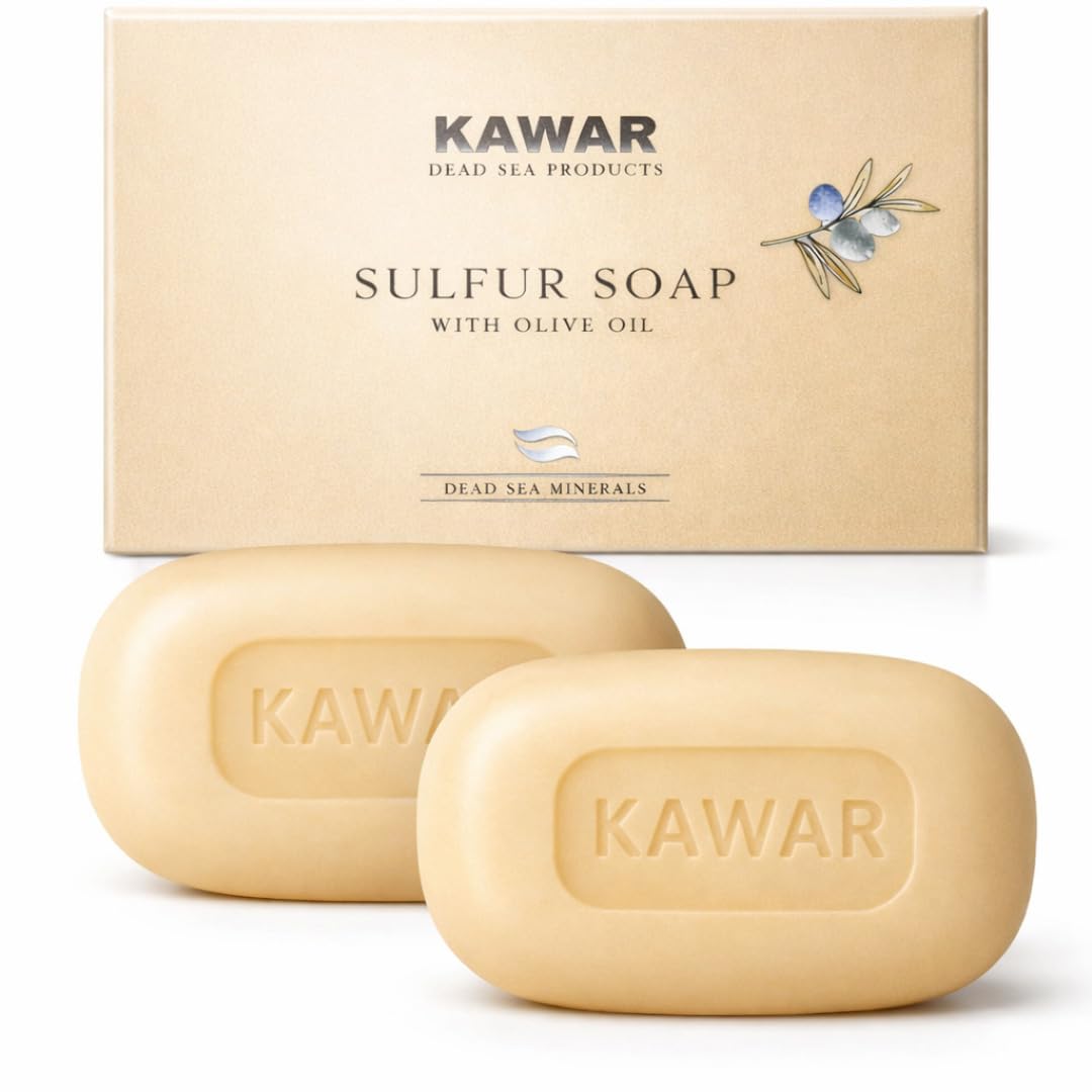 KAWAR Jabón de azufre del Mar Muerto con aceite de oliva, alivia afecciones de la piel como acné, psoriasis, eczema y puntos negros, para pieles grasas a normales, jabón vegano para hombre