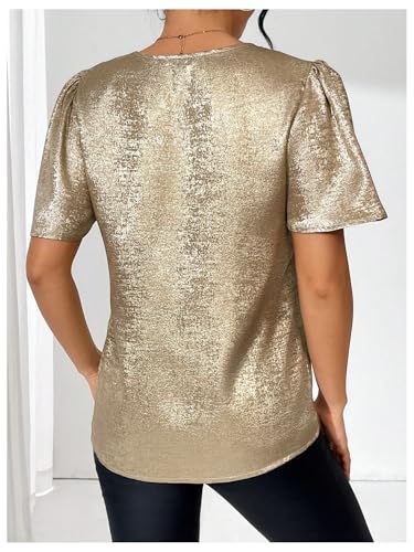 Floerns Women's Metallic Flounce Short Sleeve Shirts V Neck Party Blouse Tops2