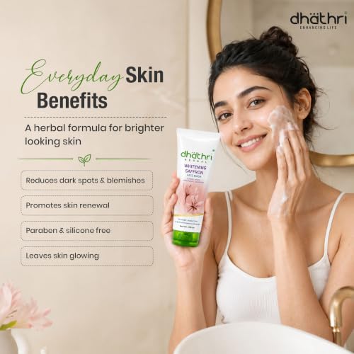 Image of Dhathri Herbal Whitening Face Wash with Saffron, Pomegranate, Bearberry & Papaya for Radiant & Glowing Skin | Lightens Dark Spots & Reduces Blemishes | Paraben & Alcohol Free for All Skin Types, 200ml