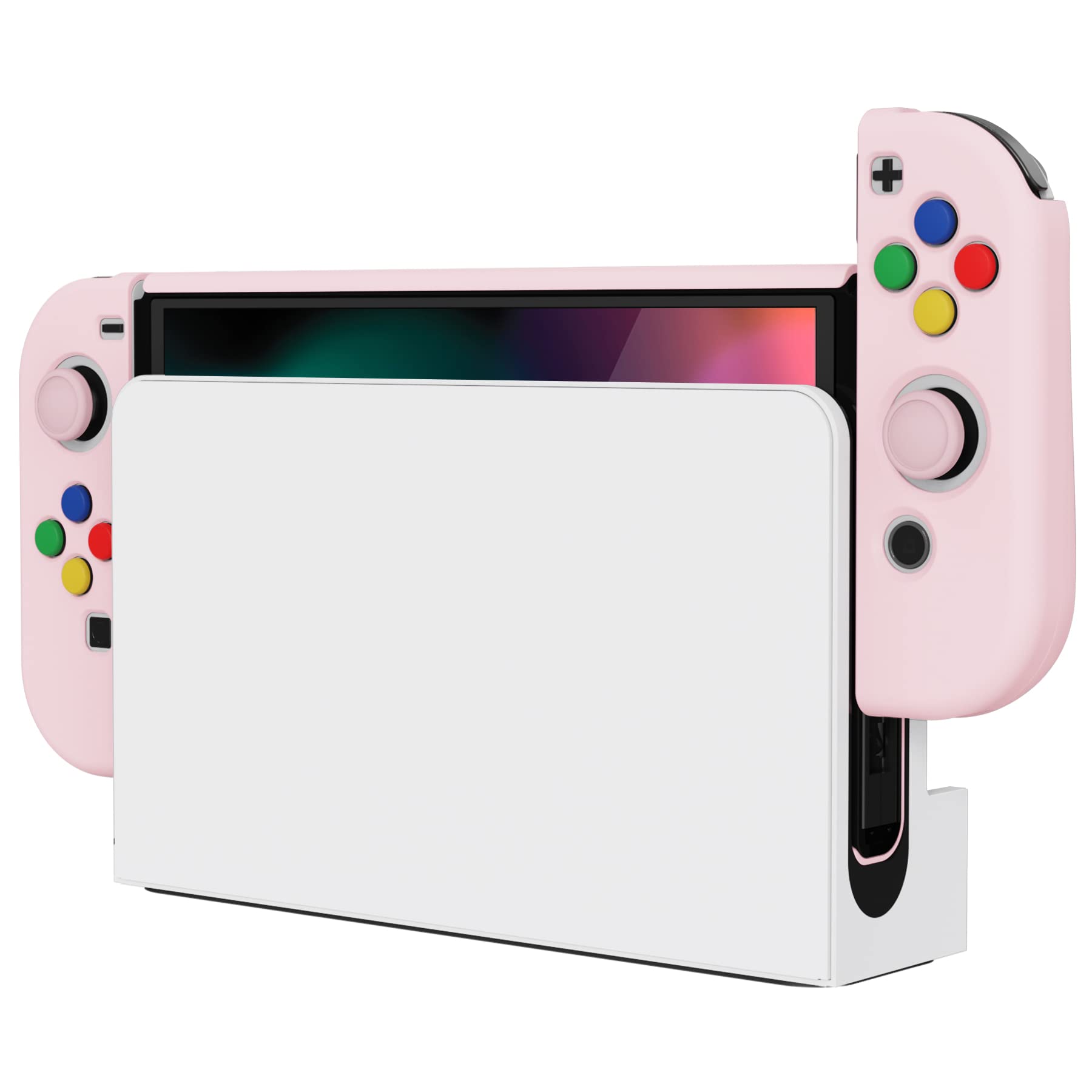 PlayVital Funda Protectora Ergonómica para Nintendo Switch OLED, Carcasa Rígida Antideslizante con Tapas para el Pulgar y Pegatinas Decorativas para Botones (Rosa)