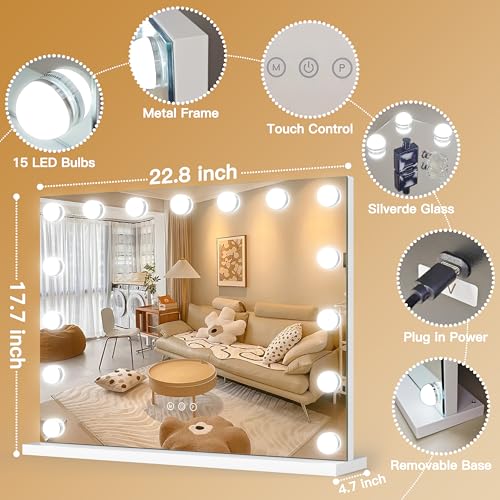 Image of ROLOVE 23 inchx18 inch Hollywood Vanity Mirror with Lights, 15 Dimmable LED Bulbs, led Makeup Mirror with 3 Color Modes, Lighted Vanity Mirror for Tabletop or Wall-Mounted