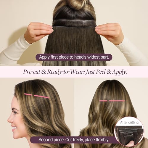 Image of GOO GOO Tape In Weft Hair Extensions Human Hair, Genius PU Long Weft Tape In Hair Extensions Real Human Hair, Silky Easy to Use, 4 /26 /4 Balayage Chocolate Brown to Honey Blonde 22 inch 70g 2pcs