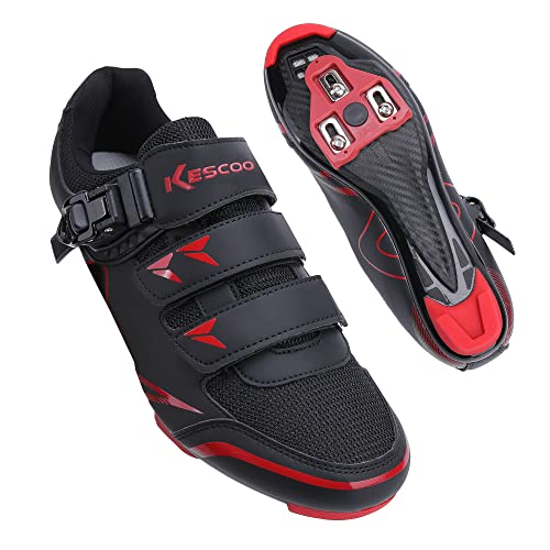 KESCOO Mens Womens Cycling Shoes Compatible with Peloton Bike Shoes and Look Delta Cleats Pre-Installed, Clip in Road Bike Riding Racing Biking Shoes Perfect for Indoor Outdoor - Black red, 44