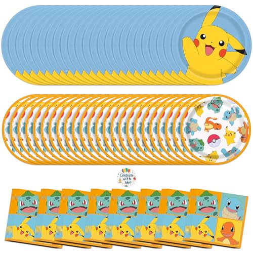 Unique Pokmon Party Supplies | Tableware Mega Party Set | Serves 24 | Officially Licensed | Plates Napkins | Birthday Party Set For Kids Boys Girls Classroom Events Easy Cleanup