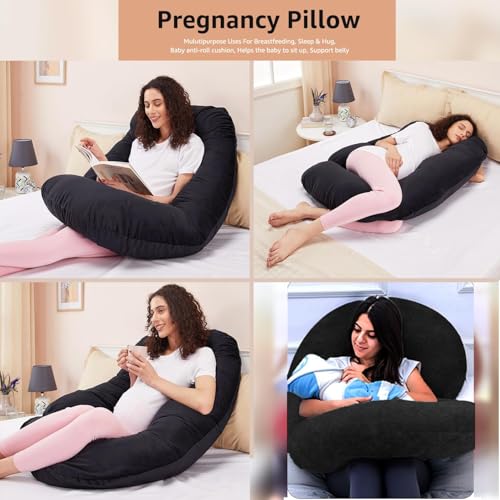 Image of Amazon Basics Full Body Pregnancy Pillow for Maternity,Baby Nursing,Full Body Support-|Perfect Baby Shower Gift|J-Shaped-Washable Cover with Zip - Black, Velvet