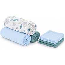 5 Pack Muslin Swaddle Blankets & Baby Burp Cloths, Soft & Breathable Cotton Baby Blankets, Receiving Blankets for Newborn Boy, Nursery Infant Essentials, Swaddling Wrap for Unisex Blue & Teal